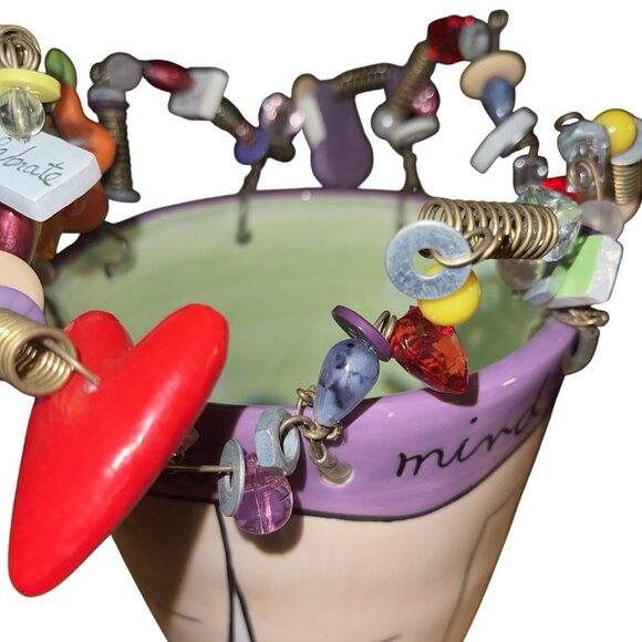 Sandra Magsamen Whimsical Ceramic Vase With Quirky Beaded Rim Mine Charms - Picture 5 of 16